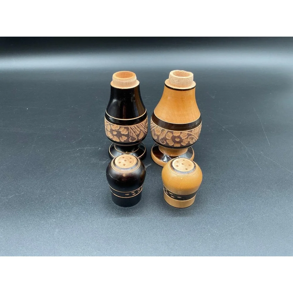 Vintage Wood Salt and Pepper Shakers Set Hand Carved Floral Design 5 Inches‎